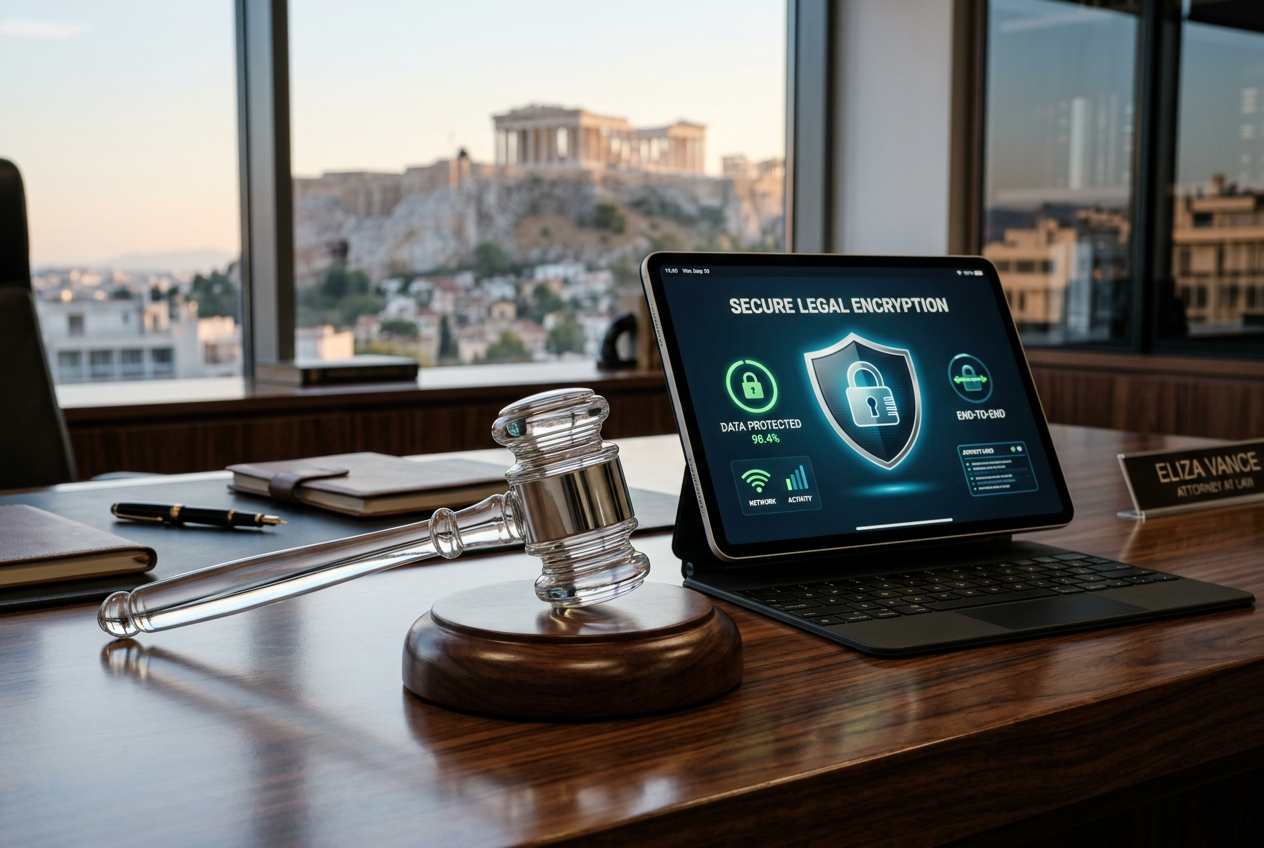 Conceptual image of legal symbols and digital security for online gaming in Greece
